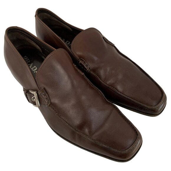 VTG Prada Italy Mens Brown Leather Buckle Loafers Size 10 US Slip On 2D width - Picture 2 of 11